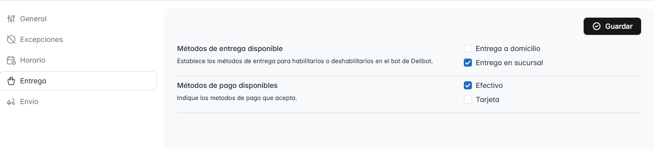 Configuración de Entrega y Métodos de Pago