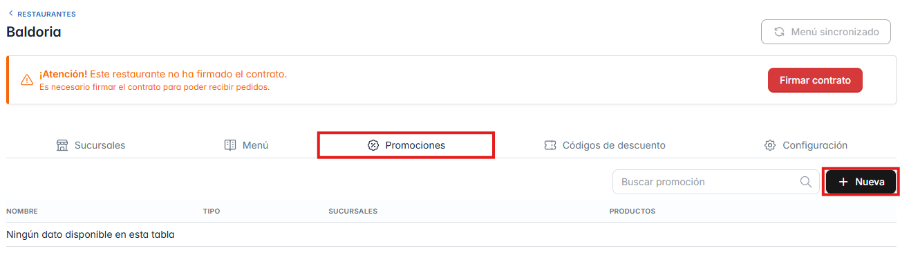 Interfaz de promociones