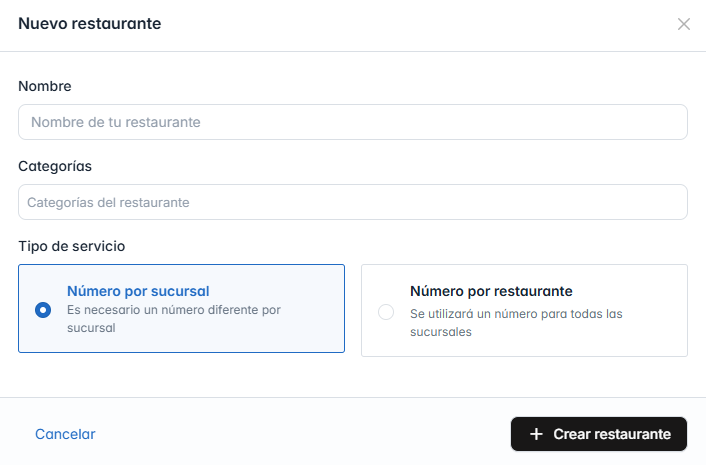 Formulario de creación de un nuevo restaurante