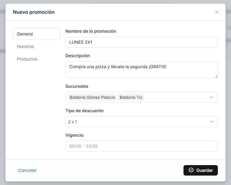 Sección 'general' en el formulario