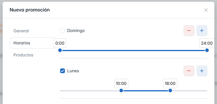 Sección 'horarios' en el formulario