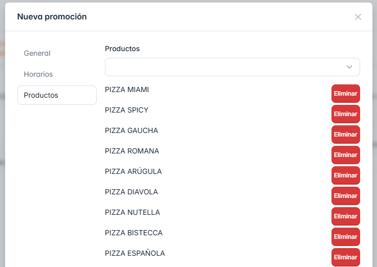 Sección 'productos' en el formulario